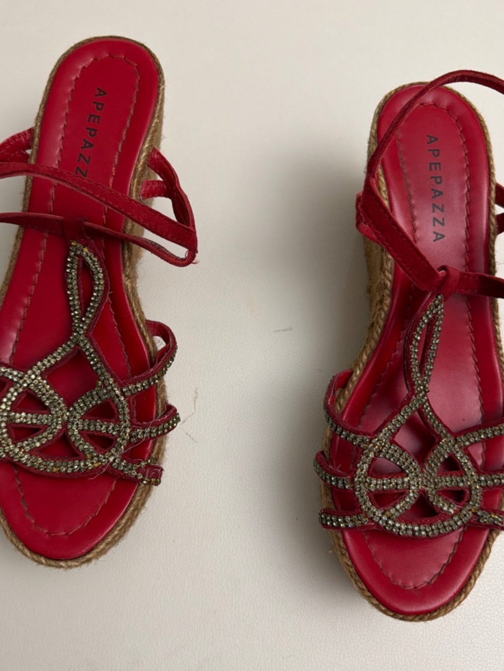 Appepazo sandals red sequin 1 1/2-2 1/2 woven wedge sz7 $60
